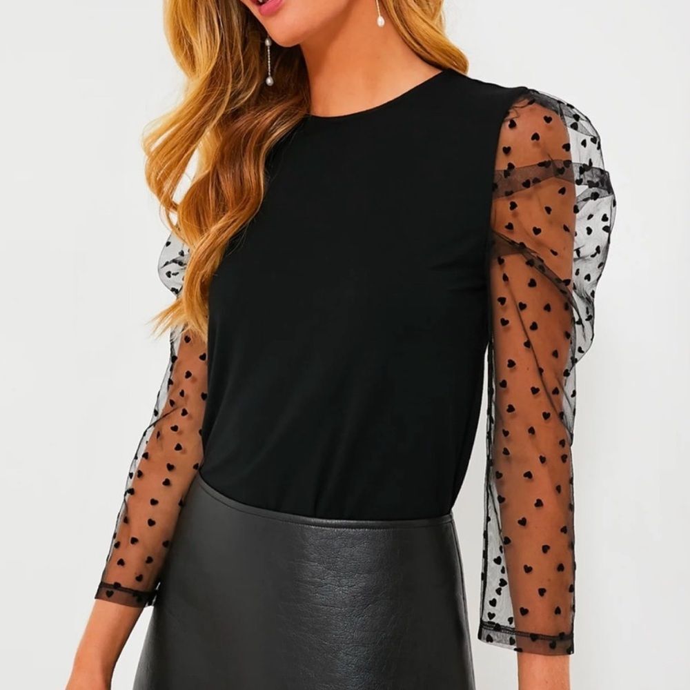 Tuckernuck Black Puff-Sleeve Heart Mesh Blouse